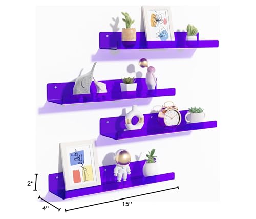 upsimples 4 Pack Acrylic Shelves for Wall Storage, 15" Floating Bookshelves for Kids, Display Shelf Organizer for Bathroom, Bedroom, Living Room, Kitchen, Room Decor, Clear