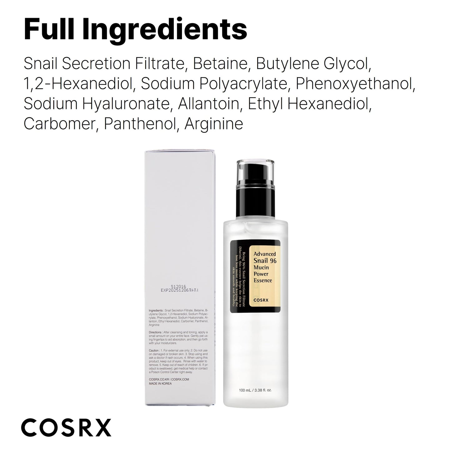 COSRX Snail Mucin 96% Power Repairing Essence 3.38 fl.oz, Hydrating Serum for Face with Snail Secretion Filtrate, Mothers day gifts for mom, Korean Skin Care