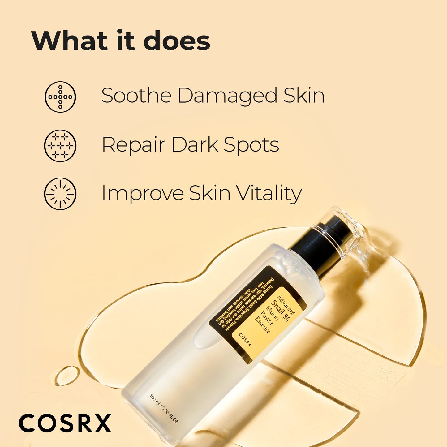 COSRX Snail Mucin 96% Power Repairing Essence 3.38 fl.oz, Hydrating Serum for Face with Snail Secretion Filtrate, Mothers day gifts for mom, Korean Skin Care