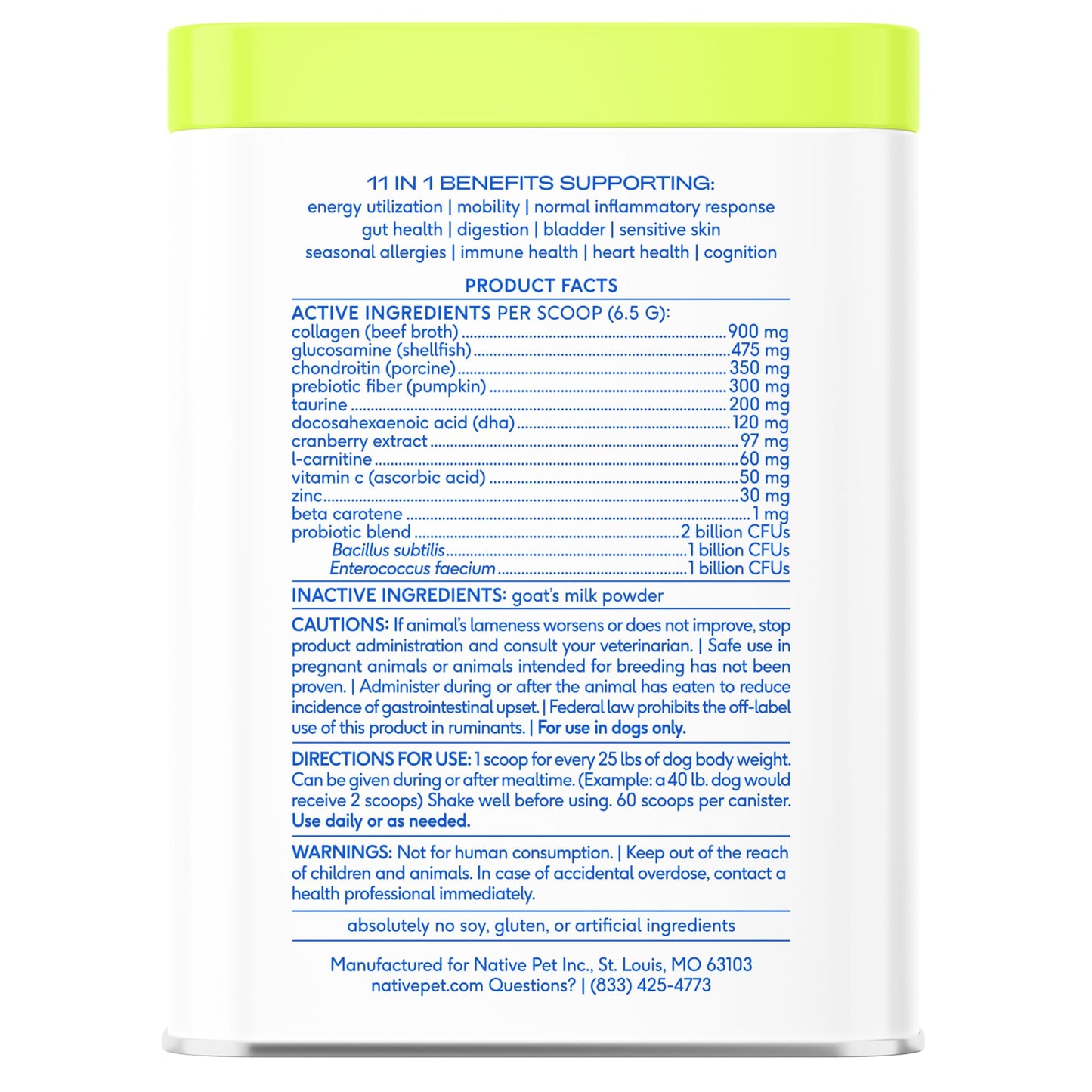 Native Pet Dog Vitamins & Supplements - 11-in-1 Multivitamin Powder for Dogs Food Topper - Collagen, Glucosamine, Probiotics, Omega & More- Supports Healthy Gut, Mobility & Overall Health -60 Scoops
