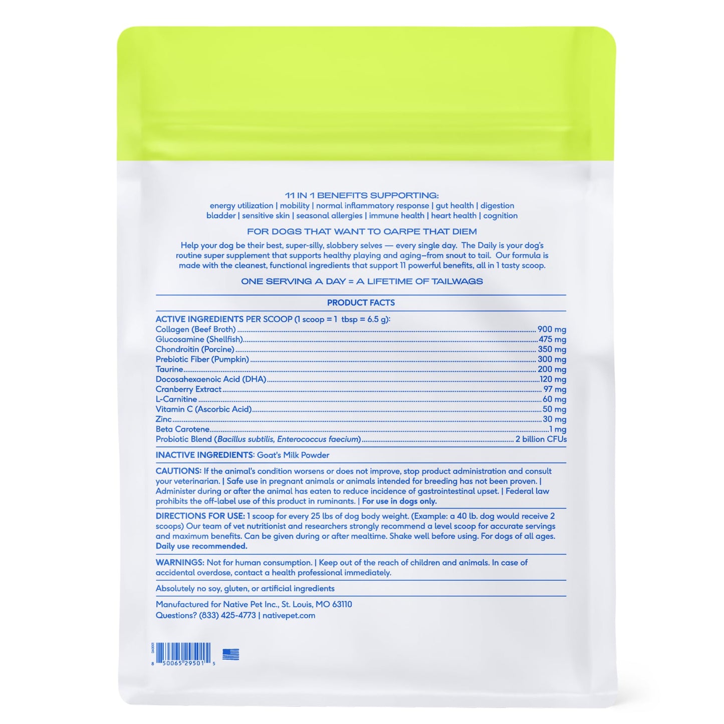 Native Pet Dog Vitamins & Supplements - 11-in-1 Multivitamin Powder for Dogs Food Topper - Collagen, Glucosamine, Probiotics, Omega & More- Supports Healthy Gut, Mobility & Overall Health -60 Scoops